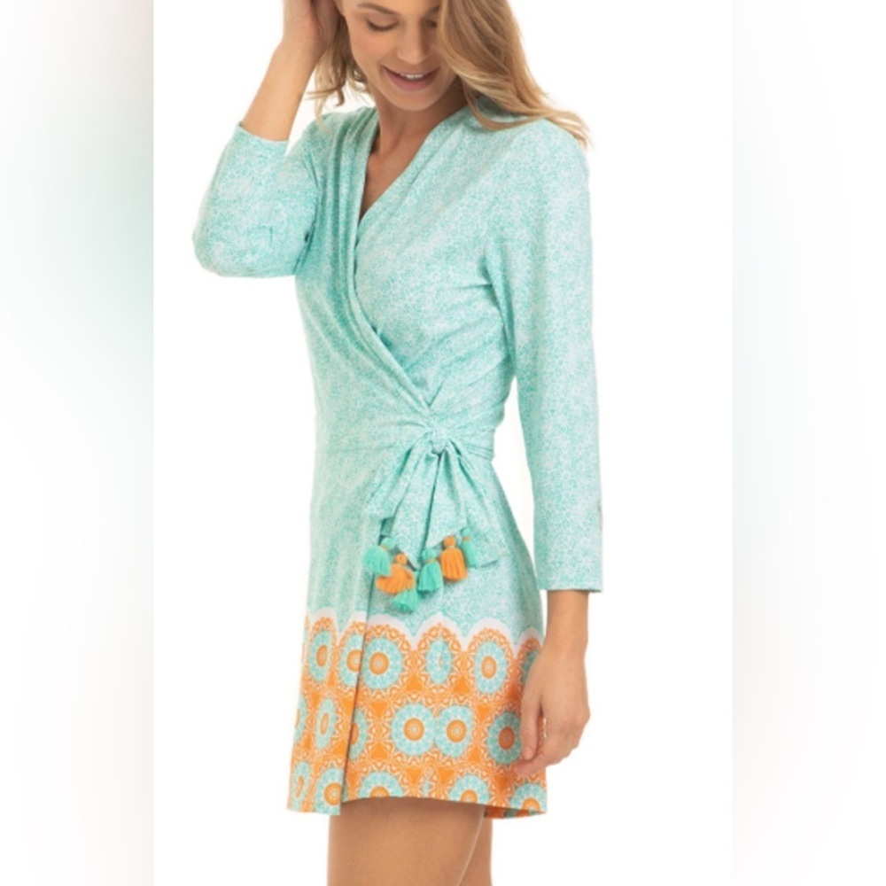 Light Teal & Orange Wrap Romper with Tassel Tie